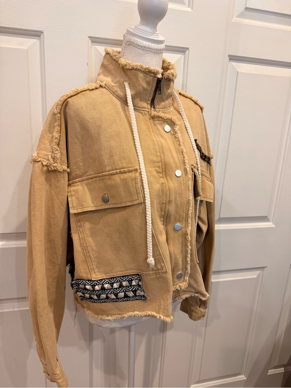 POL Small Tan Boho Embroidered Raw Edge Utility Moto Jacket - Picture 10 of 10